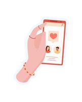 Hand holds a smartphone. User interacts with the app on the screen. Mobile communication, cool sticker style, suitable for chat or messaging applications. vector