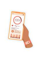 Hand holds phone sticker displaying app. User interacts with digital screen showcasing health application. Digital context, cool style, suitable for media and online communication. vector