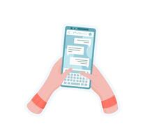 Sticker of hand holding phone. User using smartphone for chat and sending a message. Online application supports communication, captured in a simple graphic style, ideal for technology topics. vector