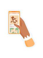 A woman holds a phone sticker in her hand. A phone display showcases social media application. Social app with photo in action, cute character, and engaging visuals, perfect for digital communication vector