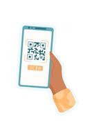 Hand holds phone with QR code sticker. User interacts with mobile app on digital screen. Context of modern technology, flat style, suitable for online communication and business applications. vector