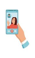 A person holds a smartphone with chat. A user interacts with the devices screen. The mobile phone displays chat application that illustrates modern communication. This visual format suits vector