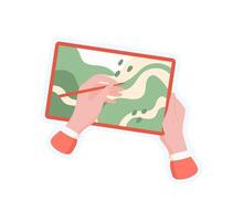 Hand hold tablet draw. Palm grasp tablet to create characters. Digital activity, flat style, ideal for app development or marketing products. vector