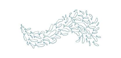 Crayon fish school silhouette. Group of marine creatures swim in the ocean. Underwater pattern in doodle style, flat texture, ideal for summer projects. vector