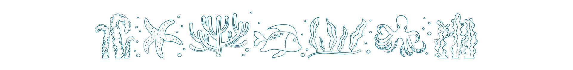 Marine life doodle sticker. Underwater creatures like starfish, coral, and seaweed create a vibrant aquatic theme. Fun doodle style, perfect for summer designs or aquarium projects.
