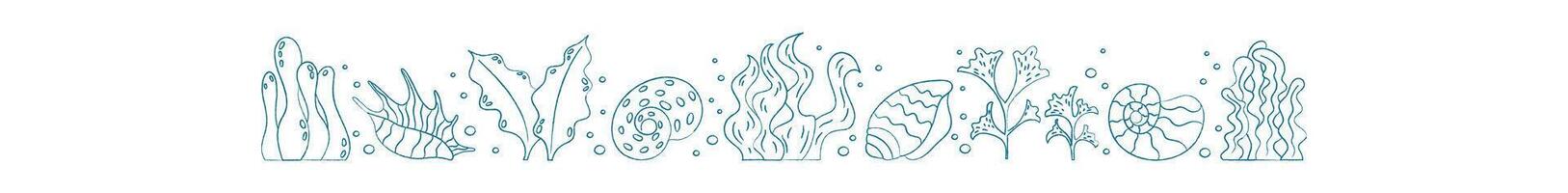 Aquatic plant doodle border. Underwater coral life design. Sea texture with many marine creatures, flat style for summer projects. Perfect for an aquarium or underwater themed header. vector