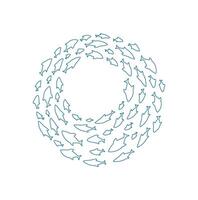 Outline fish school pattern. Aquatic silhouette of fish in a round shape. Marine life concept, doodle style, suitable for summer designs or aquarium projects. vector