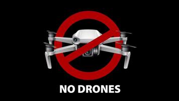 Animation showing drones with a red prohibition symbol, emphasizing a no-fly zone message video