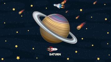 Colorful animation of Saturn with rockets and meteors, showcasing dynamic movement and a playful cosmic theme video
