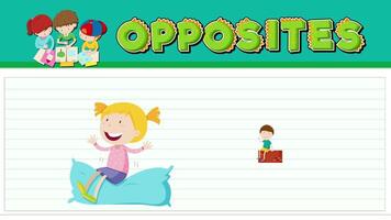 Animated sequence illustrating the concept of opposites with children on soft and hard surfaces, using vibrant colors and playful transitions video