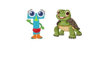 Colorful animation introducing the letter T with a friendly turtle character. Simple design with playful movement and educational focus video