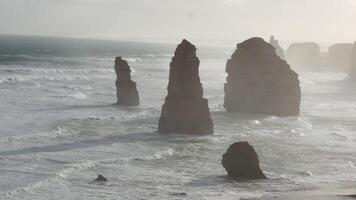 Dramatic ocean waves crash against the iconic limestone stacks of the Twelve Apostles under soft morning light video