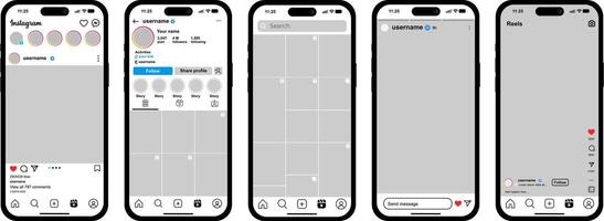 Editable Instagram UI mockup template for smartphones with a multi-screen layout for posts vector