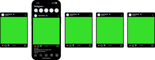 Smartphone Instagram carousel post mockup with green screen UI and black interface vector