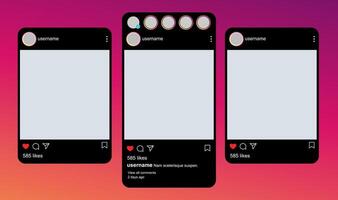 UI mockup design for Instagram social media app with modern black interface profile layout vector