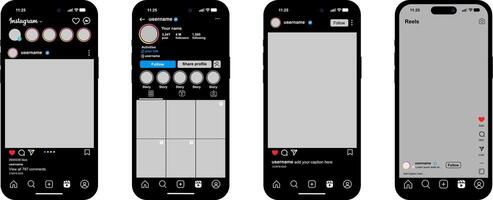 Realistic black Instagram feed mockup template, post carousel with story reels and mobile app interface on a modern vector