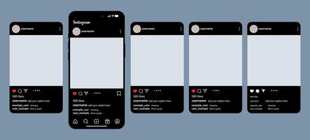 Black Instagram post design interface with realistic mobile phone mockup vector