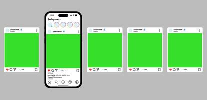 Smartphone Instagram carousel post mockup with green screen UI and white interface vector