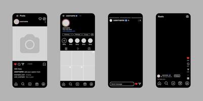 User interface mockup design for social networking app Instagram. Black interface vector