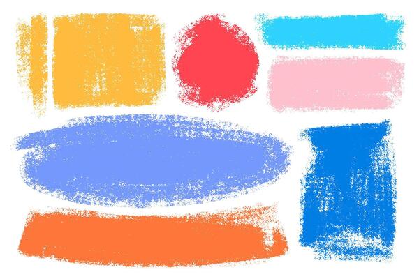 Colourful brush strokes and shapes. Paint brush hand drawn design elements. Artistic textured shapes for backgrounds.