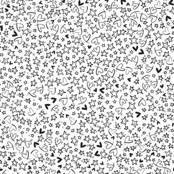 seamless pattern. Black and white linear graphic repeated background. Wallpaper with outlined stars and hearts. Minimalistic modern backdrop with tiny hand drawn elements. vector