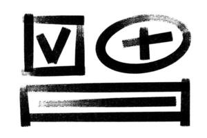 textured bold signs and symbols set. Checkbox, plus sign in oval shape and rectangular frame with underline grunge hand drawn icons. Graphic elements. vector