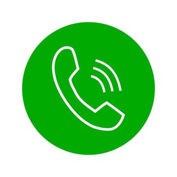 Green circular icon with white phone handset and sound wave symbols representing communication and calling vector