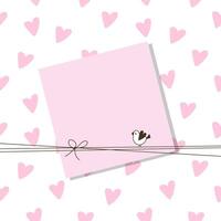 Cute Note Paper with Copy Space, Pink Hearts and Adorable Little Bird vector