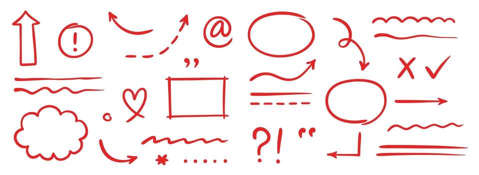 Pen marker line red arrow, underline, emphasis element set. Hand drawn red marker brush stroke style arrow, text underline, round frame set. Doodle sketch pencil vector