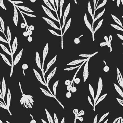 Floral leaf seamless black pattern background. Hand drawn crayon abstract texture paint tree leaf seamless brush pattern. Black, white texture leaves floral .