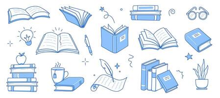 Book stack sketch pack. Hand drawn sketch doodle style line book stack. Library, reading, school doodle concept icon background. Blue pen line style stroke. vector