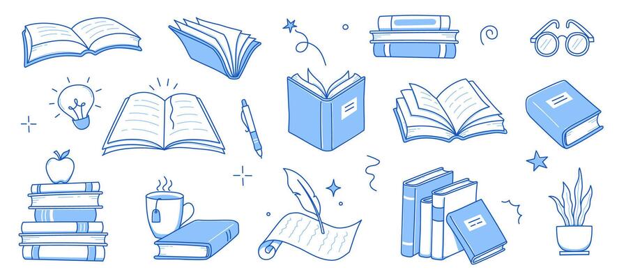 Book stack sketch pack. Hand drawn sketch doodle style line book stack. Library, reading, school doodle concept icon background. Blue pen line style stroke.