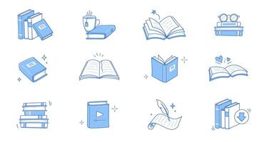 Book line doodle icon set. Hand drawn sketch doodle style line icon book, diary. Open library, reading, school education doodle concept icon. Blue pen line stroke. vector