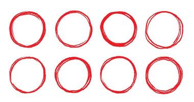Round brush stroke red stamp frame. Hand drawn rough scribble red effect line. Paint color crayon brush stroke frame. Scribble hand drawn grunge doodle circle set vector