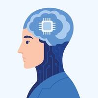 Artificial Intelligence Human Head with Brain Chip Flat Illustration vector