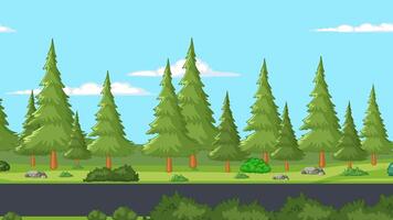 Animation of a tranquil forest scene with moving pine trees and bushes under a clear blue sky video