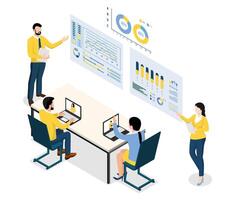 Office team analyzing data charts together vector