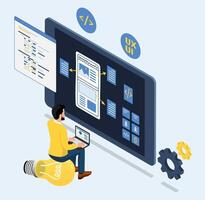Person designing UI/UX on laptop vector