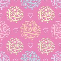 Seamless pattern with hearts and the words love on pink background. vector