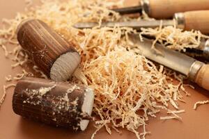 Workshop with tools on brown background photo