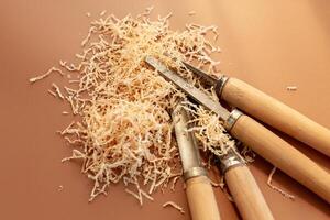 Carpentry tool set with wood shavings photo