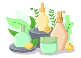Cosmetic Product Mockup with Natural Elements, Natural Skincare Product with Citrus and Leaves. Perfect for Social Media, Branding, and Product Packaging vector