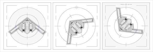 Illustration of B2 Stealth Bomber in Target Lock Scope . Futuristic Military Aircraft Top View with Combat Radar HUD Overlay, Top View B2 Bomber with Blue Radar Overlay, set icon vector