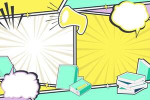 Colorful Comic Panel Template with Books and Speech Bubble. Versatile Layout for Creative Projects, Pastel Pop Art Comic Background. Blank Comic Layout and School Icons vector