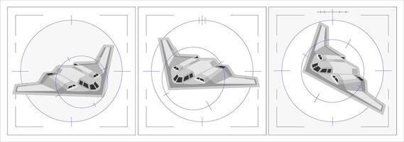 3D Angled of B2 Stealth Bomber. Isometric Military Aircraft, Illustration of B2 Stealth Bomber in Target Lock Scope. Futuristic Military Aircraft Top View with Combat Radar HUD Overlay vector