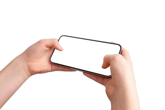 Close-up of a smartphone in gaming position, held with both thumbs on the screen. Isolated display and background, perfect for showcasing horizontal apps photo