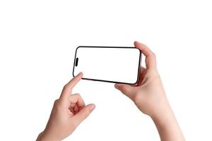 Smartphone in a horizontal position with a hand touching the screen. Ideal for camera or gaming promotion, isolated display and background photo