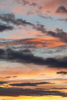 The sky is filled with clouds and the sun is setting. Phone wallpaper. Vertical background. photo