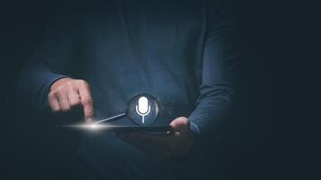 the Information data search technology, search optimization, male hand using voice search, using the search bar function on your website, big data, automatic operation photo