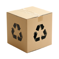 Cubic cardboard box with recycle symbol isolated on transparent background png